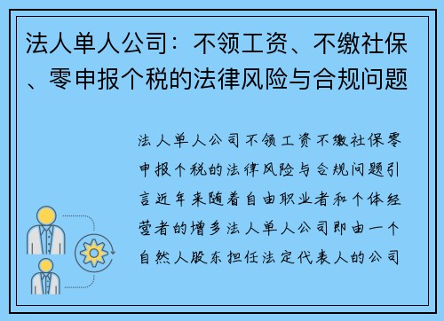 法人单人公司：不领工资、不缴社保、零申报个税的法律风险与合规问题