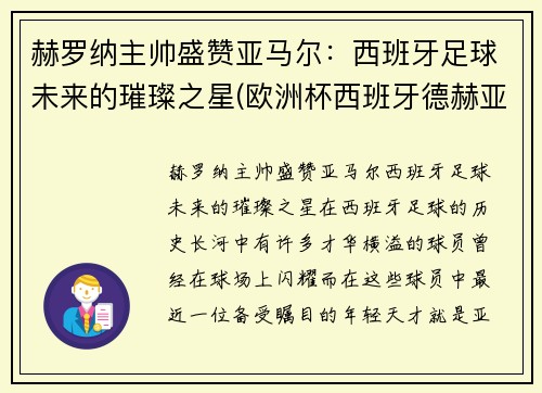 赫罗纳主帅盛赞亚马尔：西班牙足球未来的璀璨之星(欧洲杯西班牙德赫亚替补)