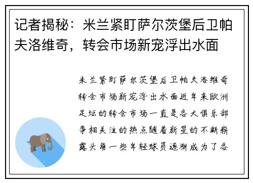 记者揭秘：米兰紧盯萨尔茨堡后卫帕夫洛维奇，转会市场新宠浮出水面
